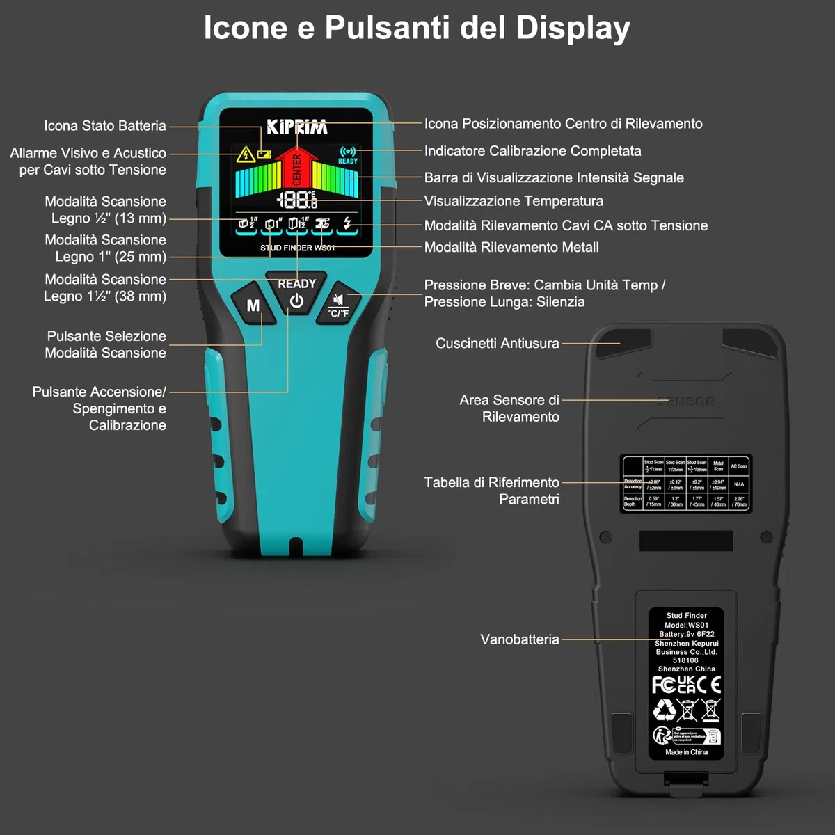 KIPRIM Stud Finder, 5 in 1 Rilevatore di Metalli e Travi, Profondità Metalli 45mm/AC Cavi 70mm, Rileva Legno (13/25/38mm), Schermo LCD, IP54 WS01