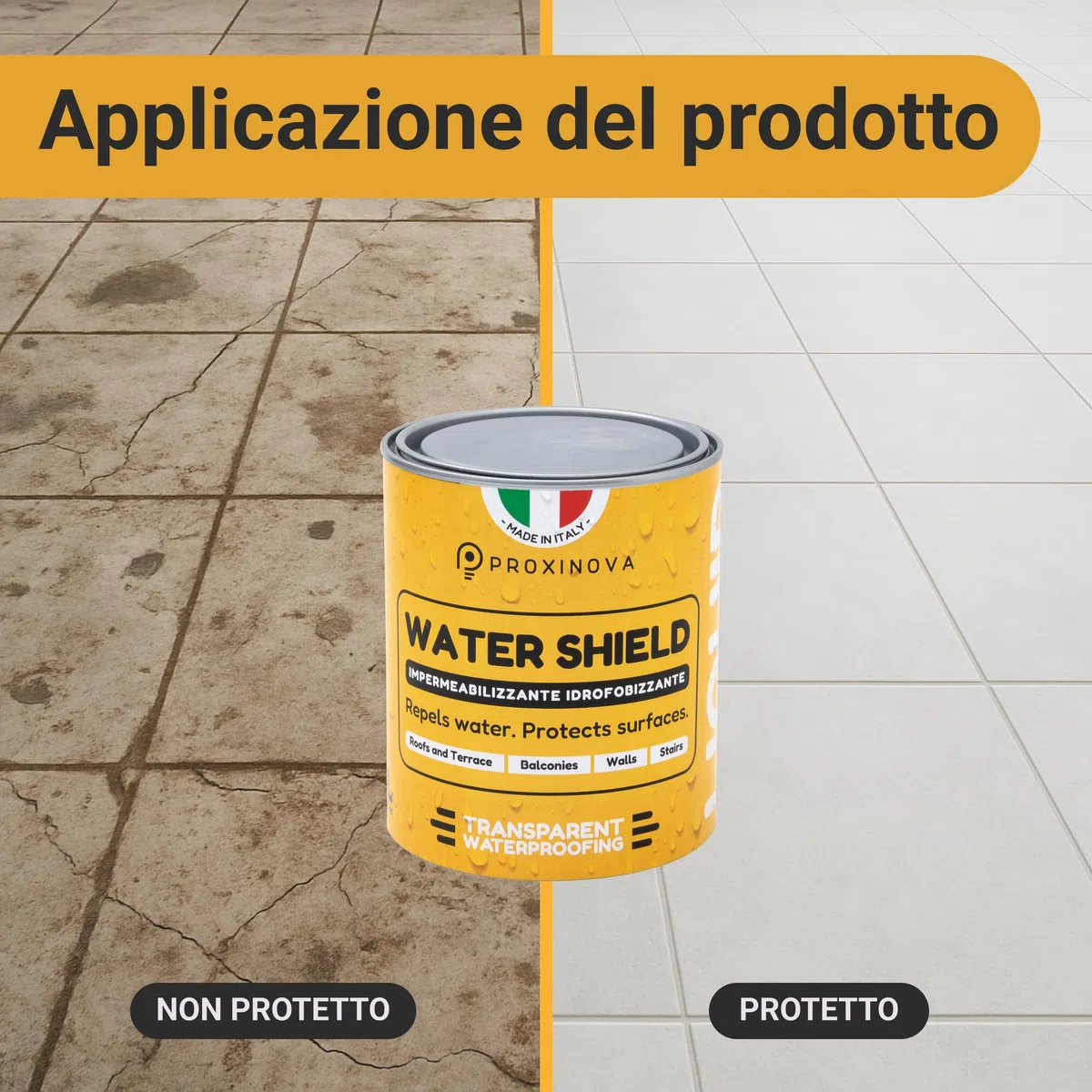 Proxinova Idrorepellente Trasparente – Impermeabilizzante Terrazzi Protettivo Contro Acqua e Sporco per Pietra, Cemento e Piastrelle – Sigillante per Pavimenti, Facciate, Terrazze e Tetti