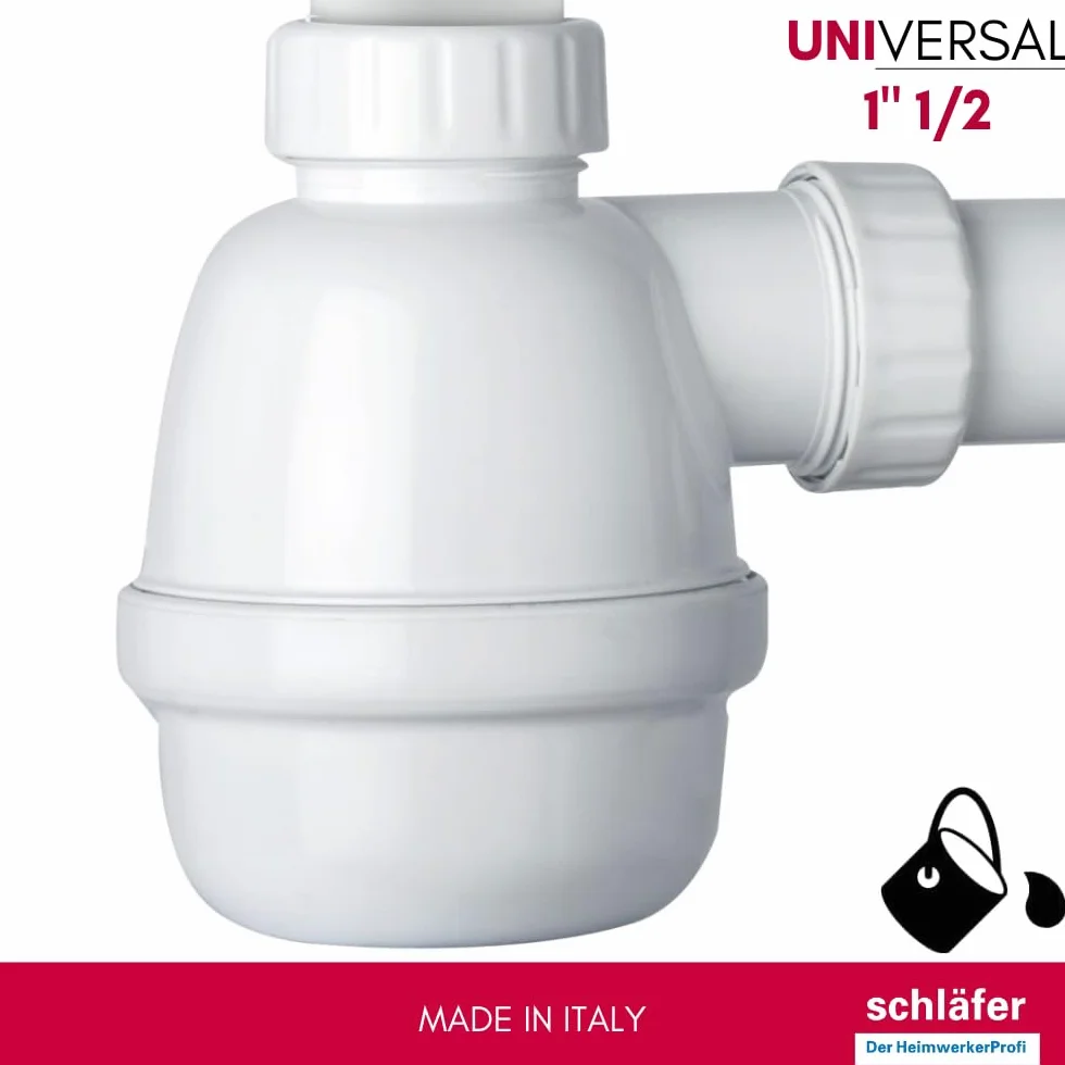 Schläfer 4395321 | Sifone Universale a Fiasco salvaspazio per Lavelli a 1 vasca 1"1/2 con 2 Attacchi Lavastoviglie - Uscita Diam 40mm, Scarico Lavandino ad un Bacino con Rosone, Bianco