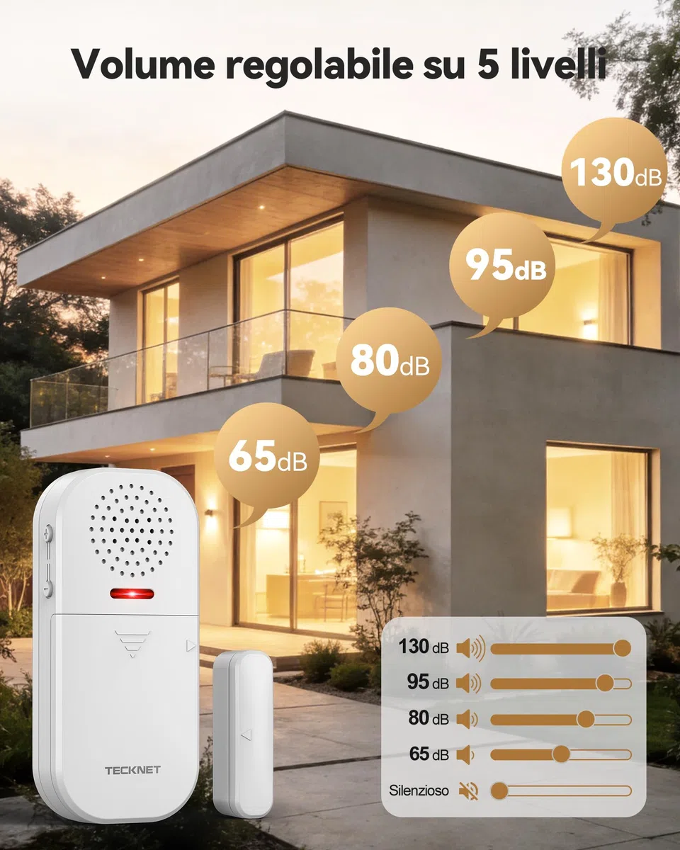 TECKNET Allarme Casa Senza Fili, Antifurto Casa con Telecomando, Allarme Porta Ingresso 4 Modalità 5 Livelli Volume Regolabili, 2-in-1 Allarme e Campanello per Residenza, Negozio, Hotel (2PCS)