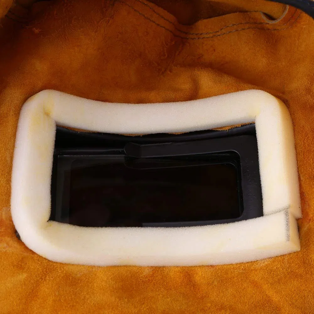 Confortevole maschera per saldatore in pelle con cappuccio da lavoro Maschera per saldatura traspirante resistente al calore con lente