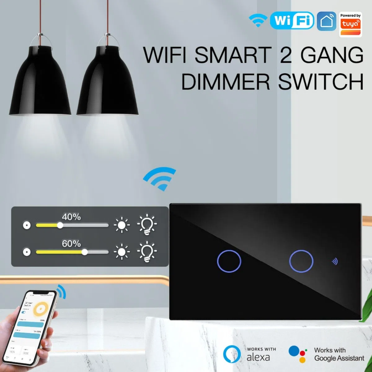 Interruttore Touch da Parete WiFi 2.4G + BLE + RF 433MHz, Vetro Temperato Nero, 2 Tasti, 120X72X38mm Per Scatola 503 Italiano, App TUYA Smart Life