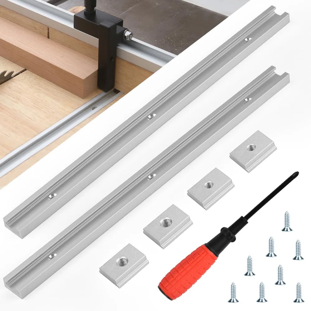2 Pezzi T Track Alluminio 400MM Profile T Track Binari a T Metrici per Router Table Saw per Falegname con 2 Cursori M6, 2 Cursori M8, 8 Viti, 1 Cacciavite