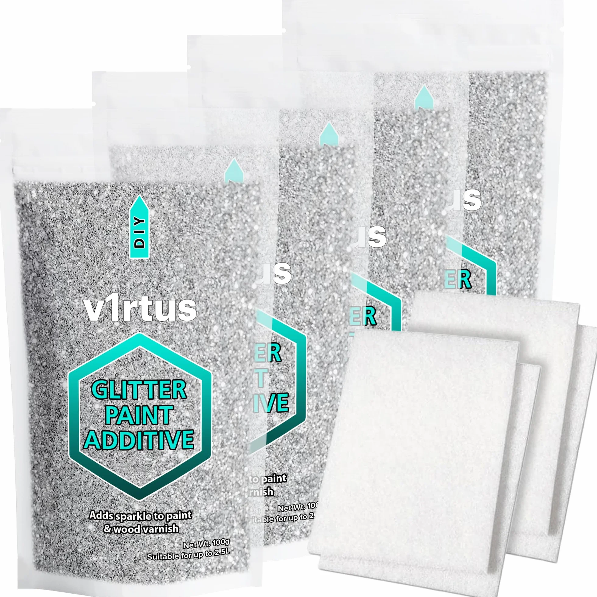 Argento Additivo per Vernice Glitterata [400g] + 4 Tamponi di Lucidatura di Finitura per Dipingere Pareti Glitterate - Aggiungi alla Pittura a Emulsione, Pareti Interne ed Esterne