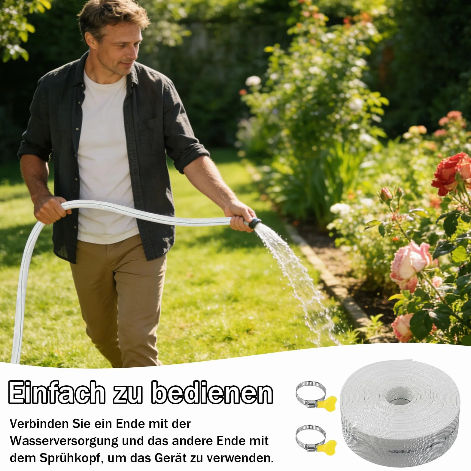Tubo Piatto, 20 m Ø 32mm Tubo Flessibile con Fascetta Stringitubo, 1 1/4 Pollici Tubos Flessibile Manichetta di Scarico Piatto, per il Pompaggio in Piscina, Bianco
