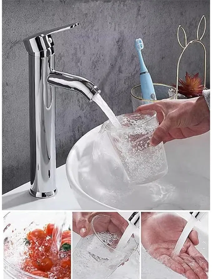 SQUADO Rubinetto Miscelatore Lavabo Alto 30 cm – Ottone Cromato Cromo Lucido – Rubinetto Bagno a Gambo Lungo per Lavabo da Appoggio, Design Moderno