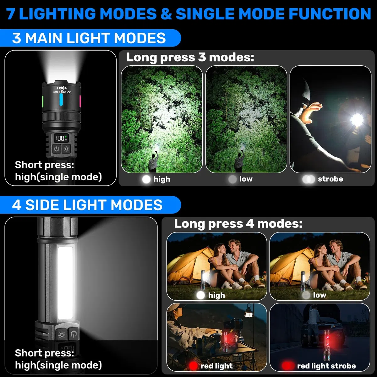 LEKIA Torcia LED Potente Ricaricabile USB-C, 2 Pezzi 100000LM Professionale Torcia LED Tattica Militare Torce, Singola Modalità/7 Modalità Torcia Elettrica Impermeabile Per Campeggio Emergenza