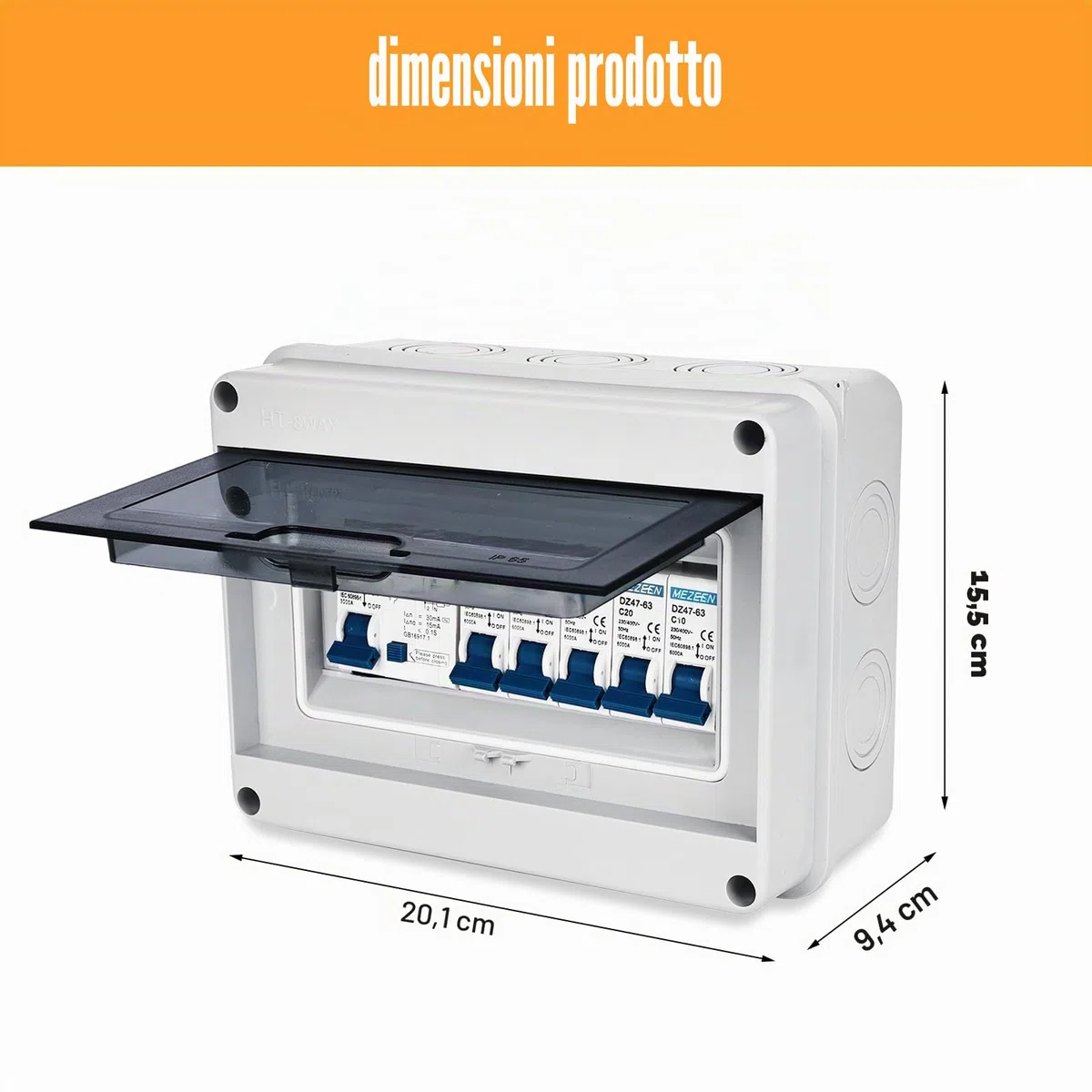 Nizirioo Scatola dei fusibili da parete, IP65, antipolvere: interruttore 63A, interruttore dell'aria 2x6A+10A+20A+32A, per giardino ed esterni