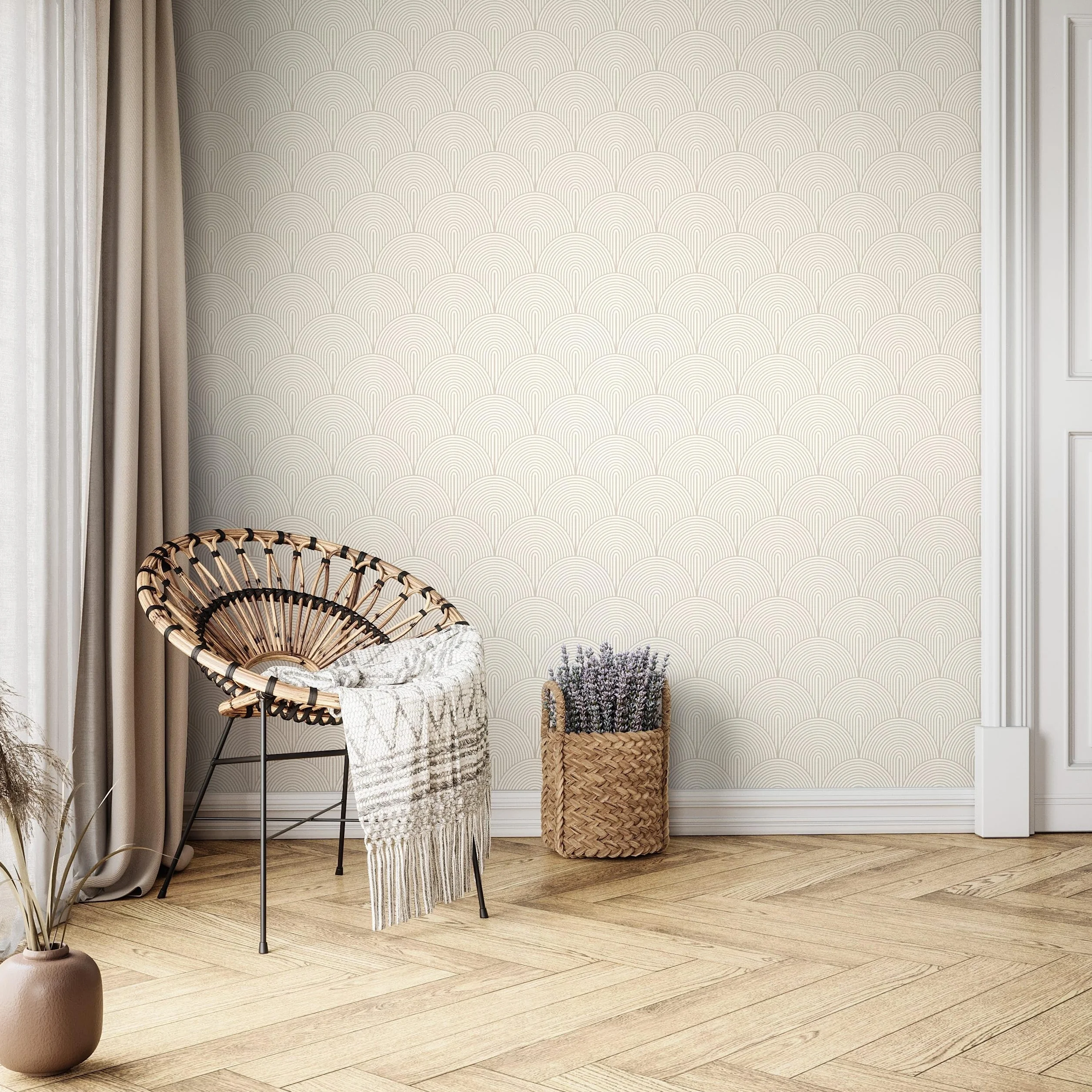 Newroom Tapete Beige Vlies Bogen - Modern Boho Art Deco Linien für Wohnzimmer Schlafzimmer