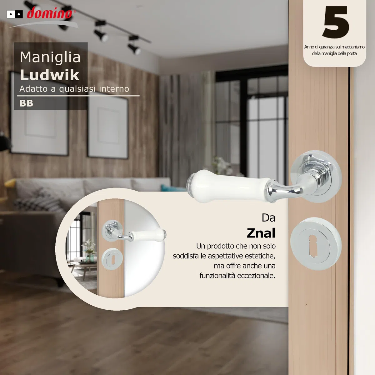 Domino LUDWIK-R M6/White - Maniglia in acciaio inox per porta di camera da letto, ufficio, cantina e porte interne