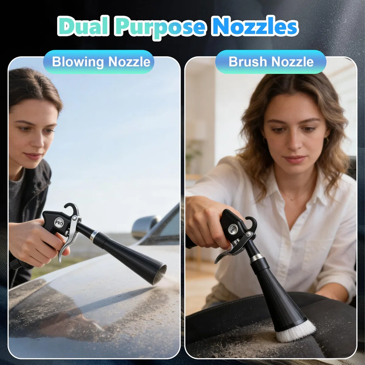 Pistola per Pulizia Auto, Pistola Aria Compressa con 2 Ugelli, Rimozione Rapida Trucioli e Sporco, Pistole per Pulizia ad Alta Pressione per Interni Auto, Domestico, Ruote