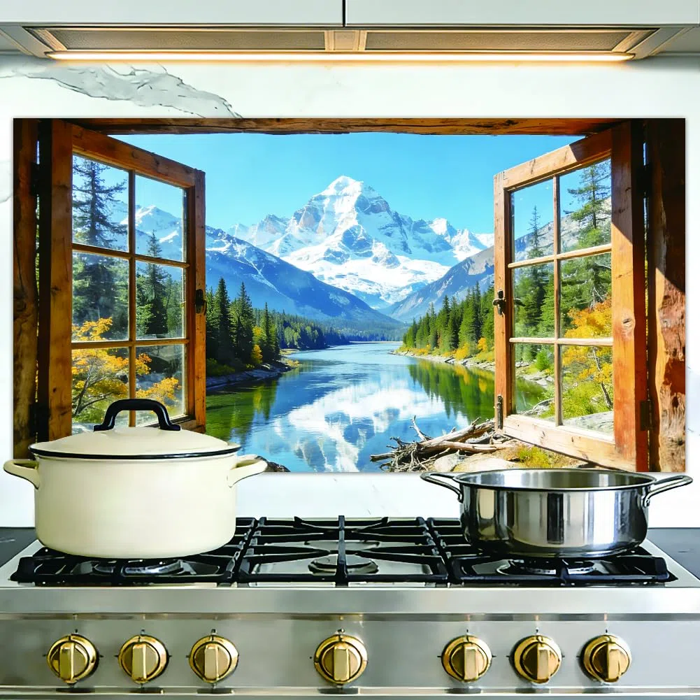 1 pannello paraschizzi per cucina, finestra vista montagna, adesivo da parete rimovibile senza danneggiare la parete, paraschizzi per cucina appartamento 40 x 76 cm