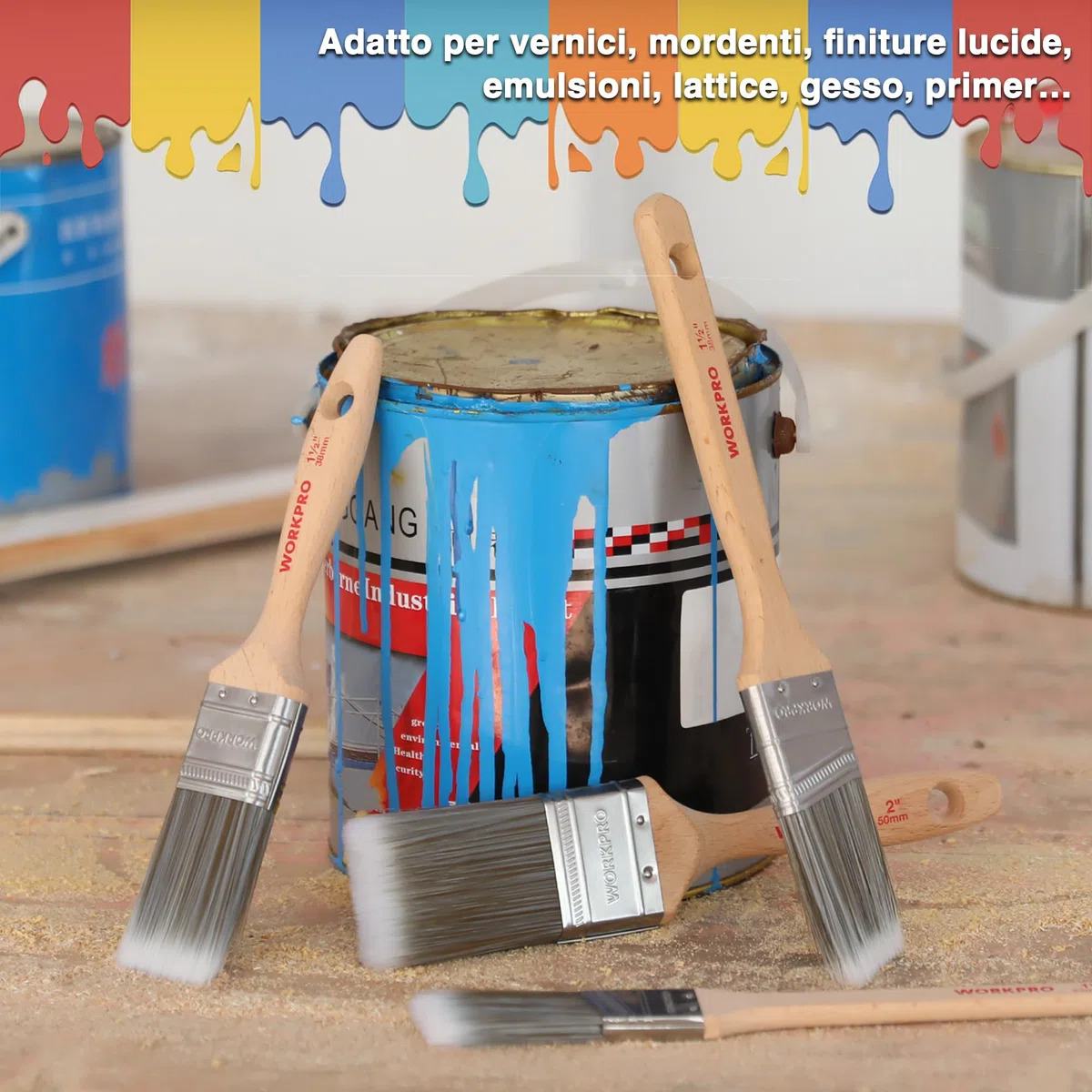 WORKPRO Set di 4 Pennelli per Pittura Professionali con Manico in Legno Resistente, 100% Certificato FSC, 2 Pennelli Piatti 25mm/38mm, 2 Pennelli Angolari 25mm/38mm, Nessuna Perdita di Capelli