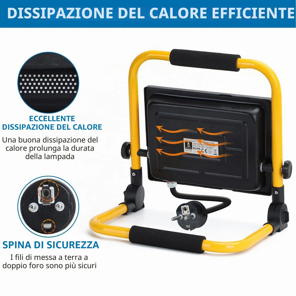 Aigostar - Faretto LED da Cantiere 50W,Super luminoso Faro LED con Spina,con staffa pieghevole, rotazione 360，portatile，Ideale per cantiere edile， officina， Garage