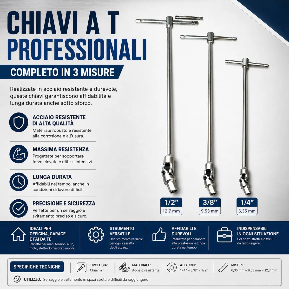topolenashop Set 3 Chiavi a T Snodabili 1/2" 1/4" 3/8" | Chiavi a T Lunghe 43cm in Acciaio | Manico Scorrevole Attacco Quadro per Officina, Garage, Fai da Te