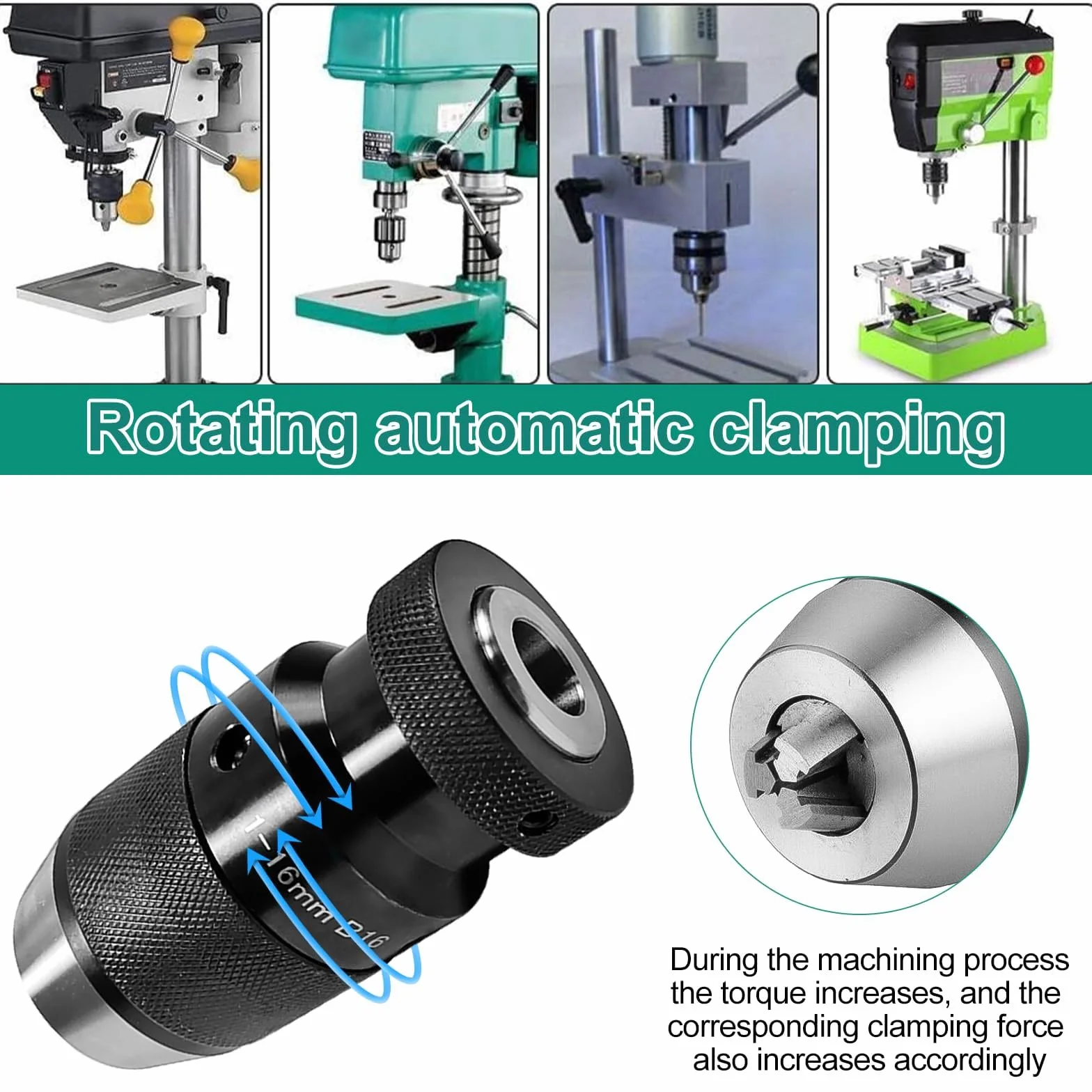 Acciaio Mandrino Trapano, Mandrino per Trapano, Mandrino Autoserrante per MT2 -B16 MK2 da 1-16mm, Mandrino a Colonna con Pergolato per Trapano Tornio