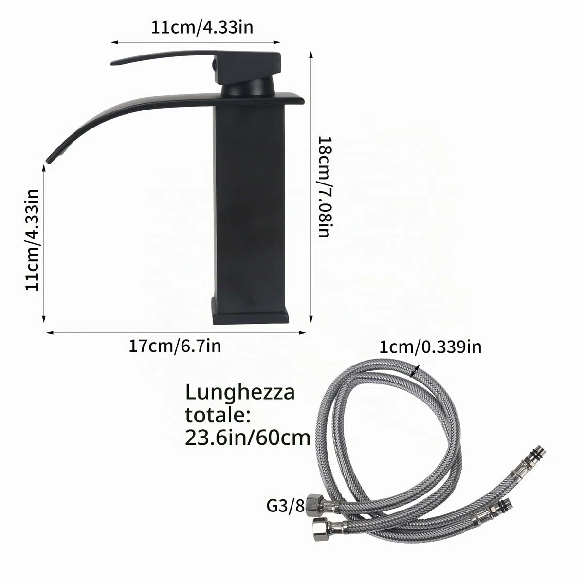 Rubinetto Bagno Lavabo Miscelatore Lavabo Bagno Rubinetto per Lavabo a Cascata Rubinetto Lavabo Cascata con Altezza del Beccuccio di 110 MM Miscelatore Monocomando con Finitura Cromata Nero