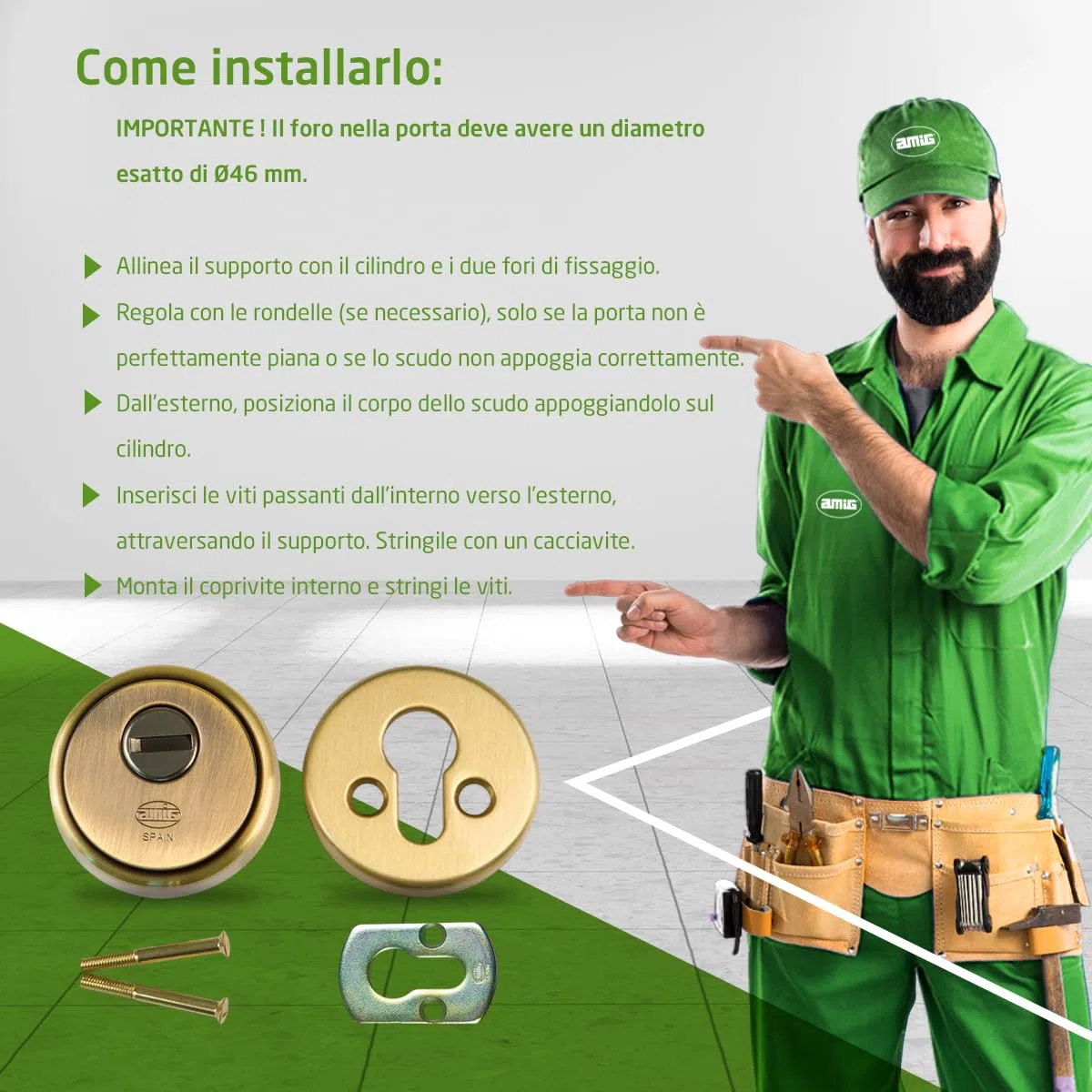 Amig - Defender per cilindro Mod. 31 - Ottone - Effetto cuoio - Anello esterno cavo - Ø65 mm - Con piastra antitrapano - Con viti e supporto - Cilindro Europrofilo EN1303 - Corpo acciaio sinterizzato