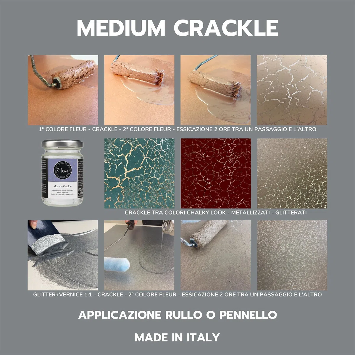 FLEUR DESIGNER'S PAINT | Medium per Effetto Crackle, 330 ml, Trasparente, Base Acqua, Per ottenere Oggetti e Superfici con effetto Screpolato ed Antico, Adatto su Qualsiasi Materiale.
