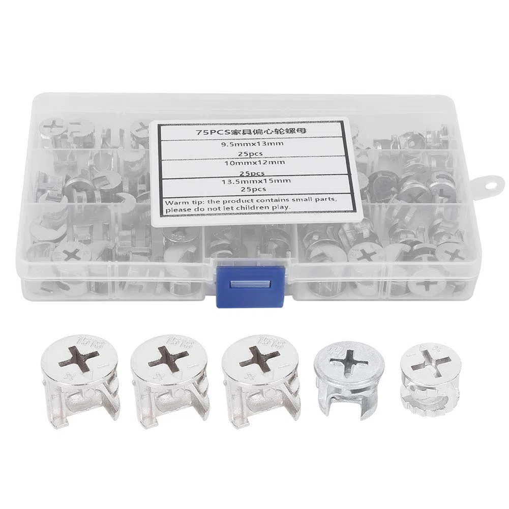 Set di 75 Connettori per Dadi di Bloccaggio a Camma, Raccordi di Fissaggio 9,5 x 13 mm, 10 x 12 mm, 13,5 x 15 mm per Mobili, Pannelli