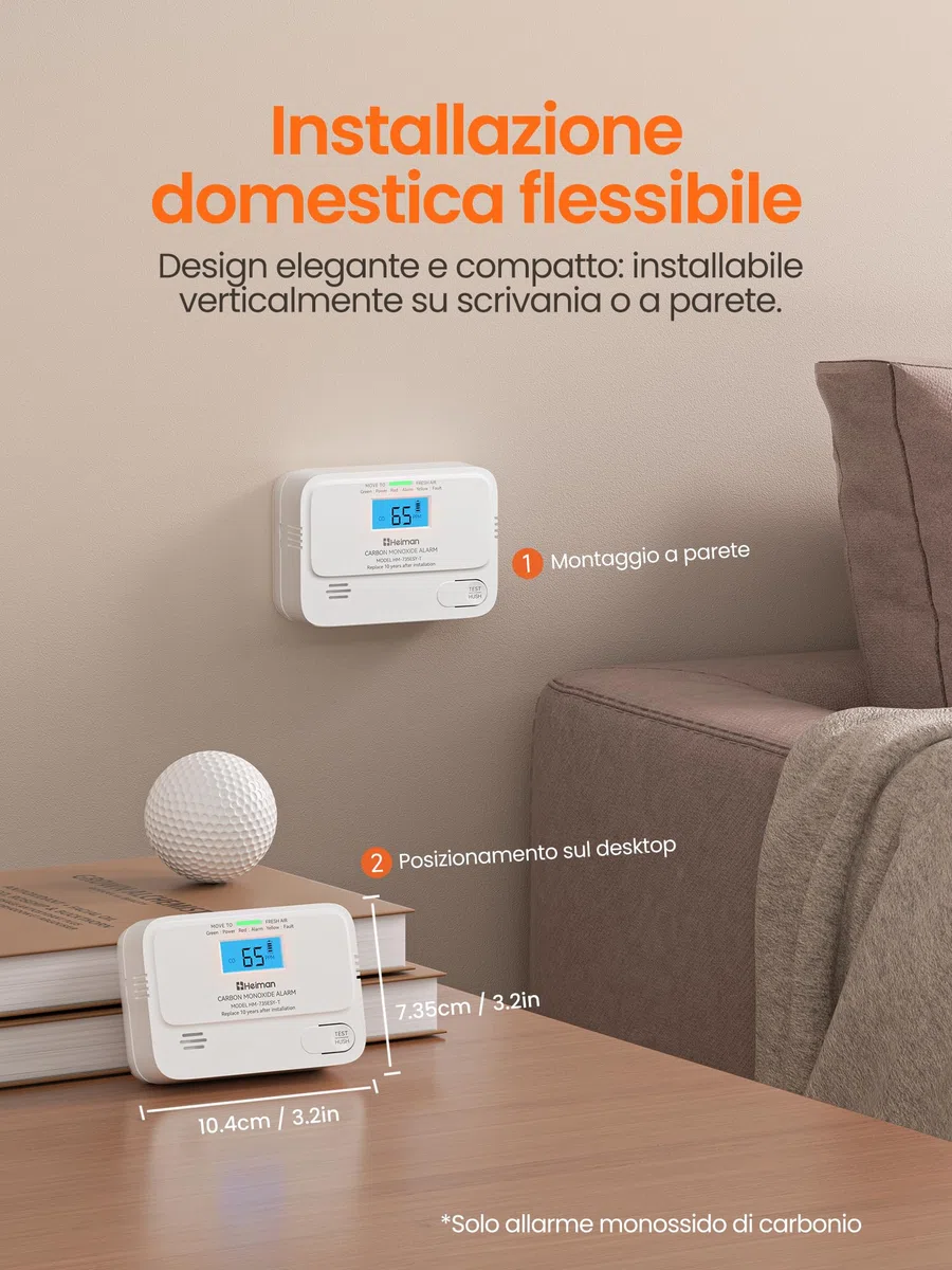 Heiman Rilevatore di Monossido di Carbonio, durata della batteria di 10 anni, Rilevatore CO per la casa con display LCD digitale, allarme CO certificato BSI, norma EN 50291