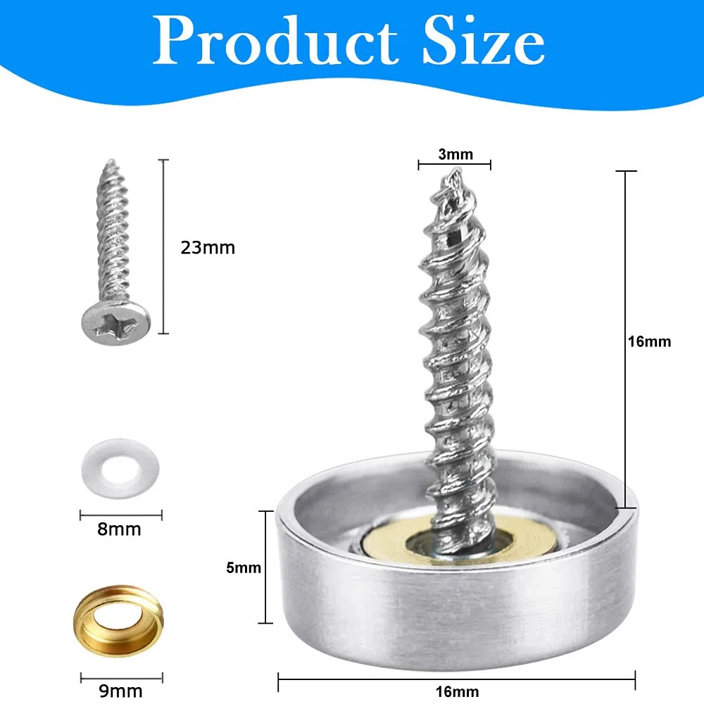 24 Pz Viti per Specchio 16mm Chiodi a Specchio Viti Decorative in Acciaio Inox Tappi Decorativi per Viti a Specchio con Guarnizioni per la Decorazione dello Specchio Tavoli da Tè Armadi Cornici