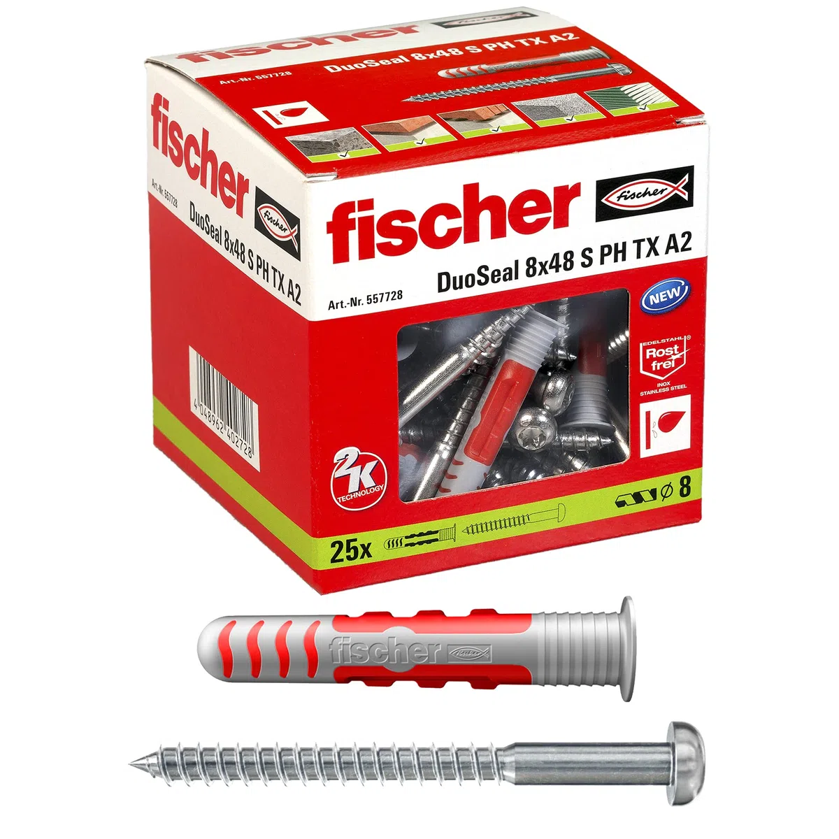 Fischer DuoSeal 8 x 48 Tasselli Sigillanti con Vite Inox A2 per Ambienti Umidi, Piastrelle, Box Doccia, Bagno, Saliscendi, 557728