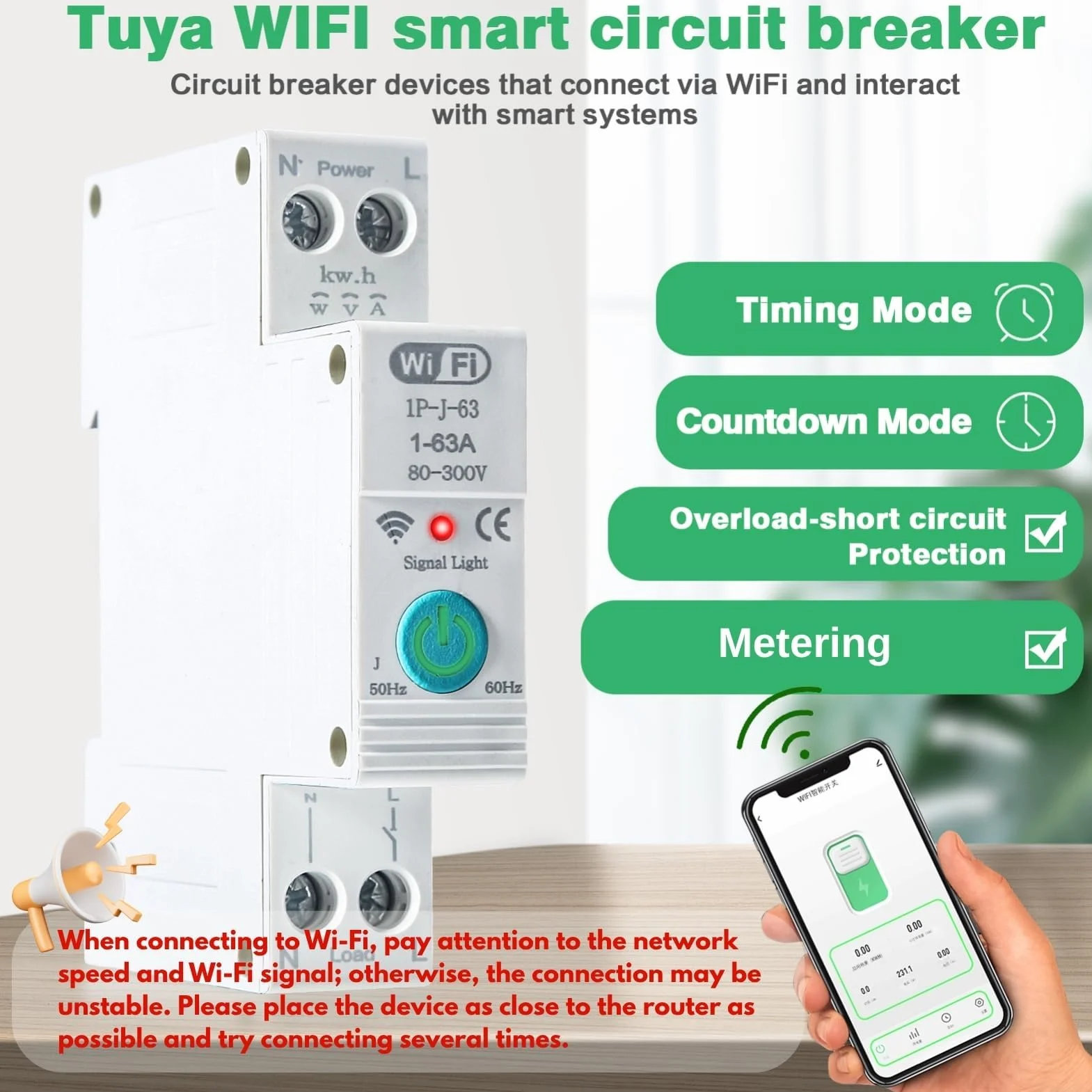 Jadeshay Interruttore WiFi Smart Interruttore Automatico Timer Relè su Guida DIN Misuratore di Energia Intelligente Monitor 1P 63A, Controllo Remoto Tramite APP Tuya