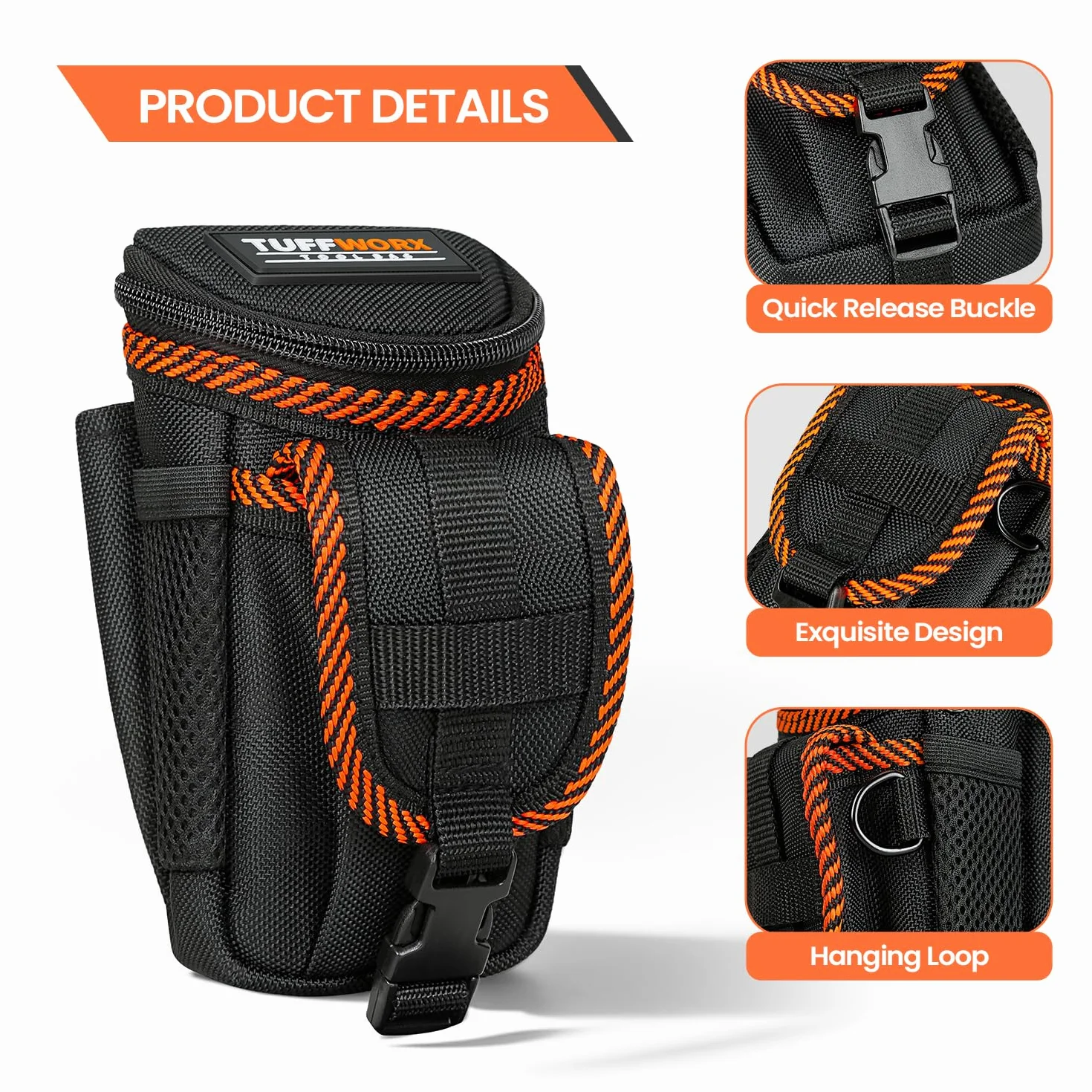 Borsa porta utensili con clip da cintura, Nero-Arancio, Robusta costruzione in nylon, Design con cerniera