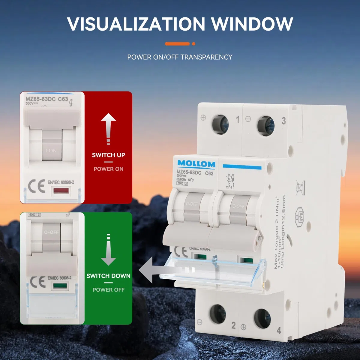 MOLLOM DC 2P Interruttore automatico miniaturo,400V 60A,nterruttore termomagnetico MCB personalizzato con visualizzazione della scena,capacità di interruzione 6KA per sistema PV solare