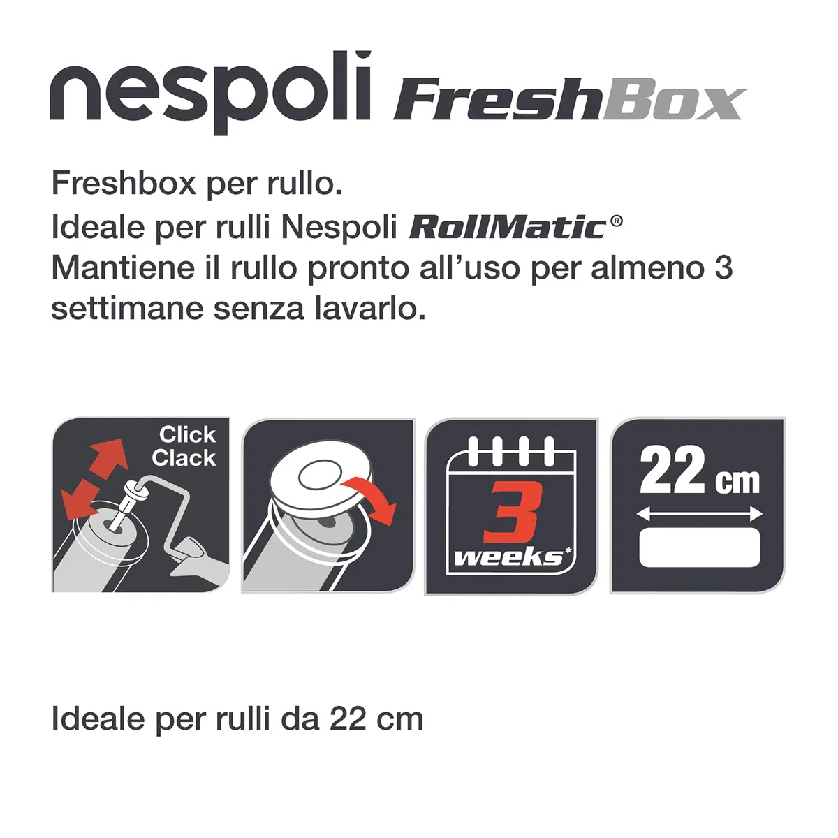 Nespoli - Box Rullo per Pittura Rollmatic 22 Cm, Accessorio per Pittura per Esterni e Interni, Fai da Te, Mantiene Rullo Pronto all’Uso per 3 Settimane, Compatibile con Sistema Rollmatic