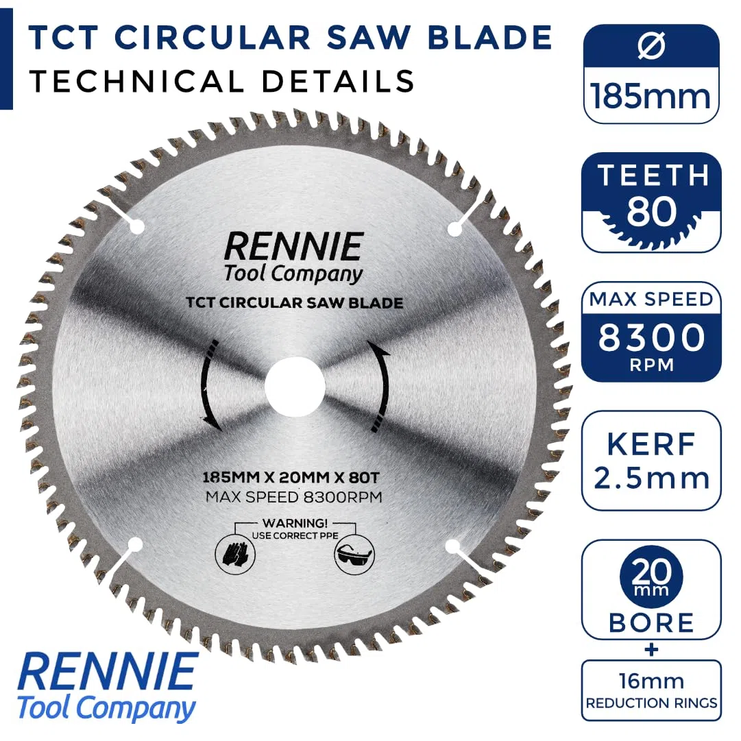 Lama per sega circolare da 185 mm x 20 mm x 80 denti, per tagli fini da 20 mm + anelli di riduzione del foro da 16 mm, adatta per seghe circolari Evolution Bosch, Makita, Ryobi, DeWalt, ecc