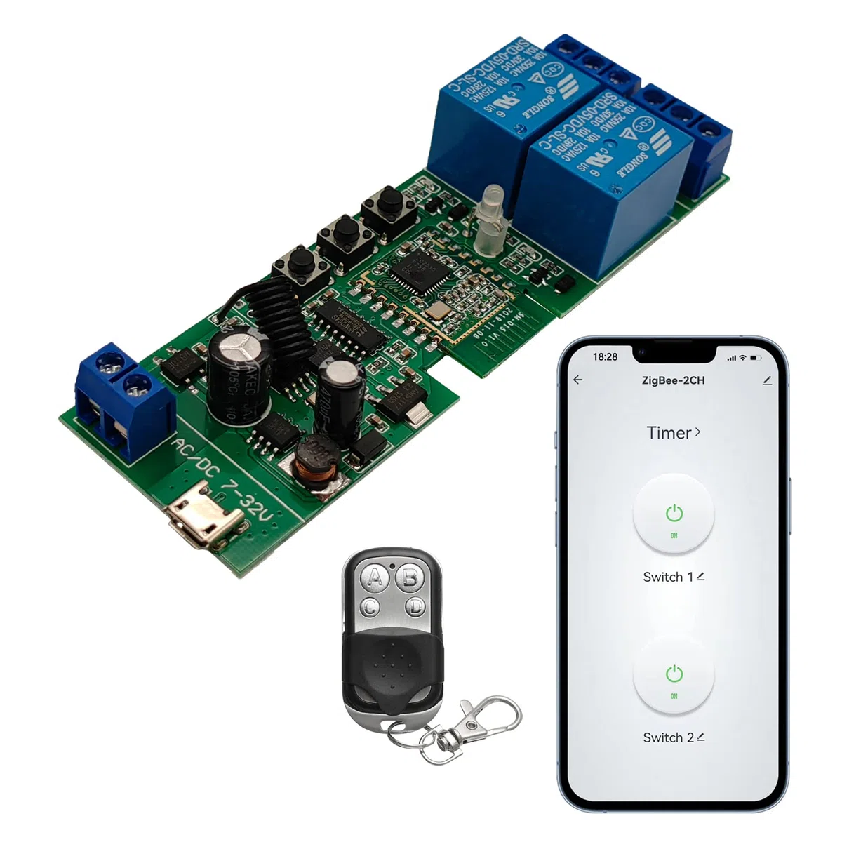 Zigbee Modulo Relè Intelligente a 2 Canali con Telecomando 433 RF, USB 5V 7-32V Micro/Interruttore di Blocco per Alexa Google Home (richiede ZigBee Hub)