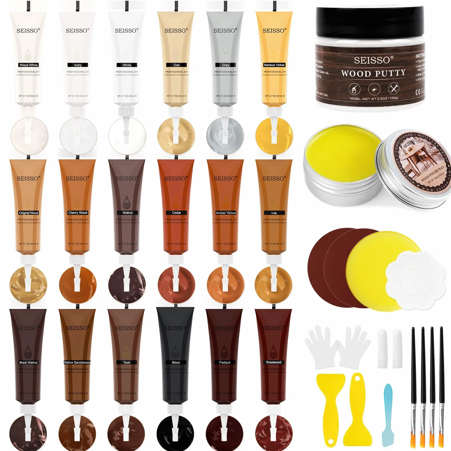 SEISSO Kit Riparazione Legno Stucco per Legno, 18 colori Set di Riparazione per Parquet in Laminato di Legno Duro, Ripristino di Graffi, Crepe, Fori, Graffi, Parquet, Mobili