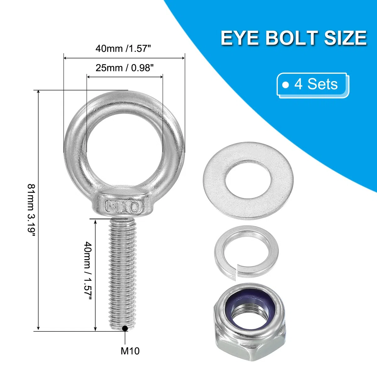PATIKIL M10 x 40mm Occhiello Con Dado, 4 Pezzi 304 Acciaio Inossidabile Occhiello Di Sollevamento Vite Filettata Per Appendere, Argento