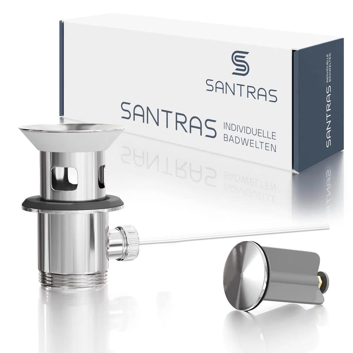 SANTRAS® PREMIUM set di scarico eccentrico per lavabo con protezione di troppopieno in cromo - set completo di troppopieno con tappo di scarico in 1 ¼ per rubinetto con raccordo a tirante