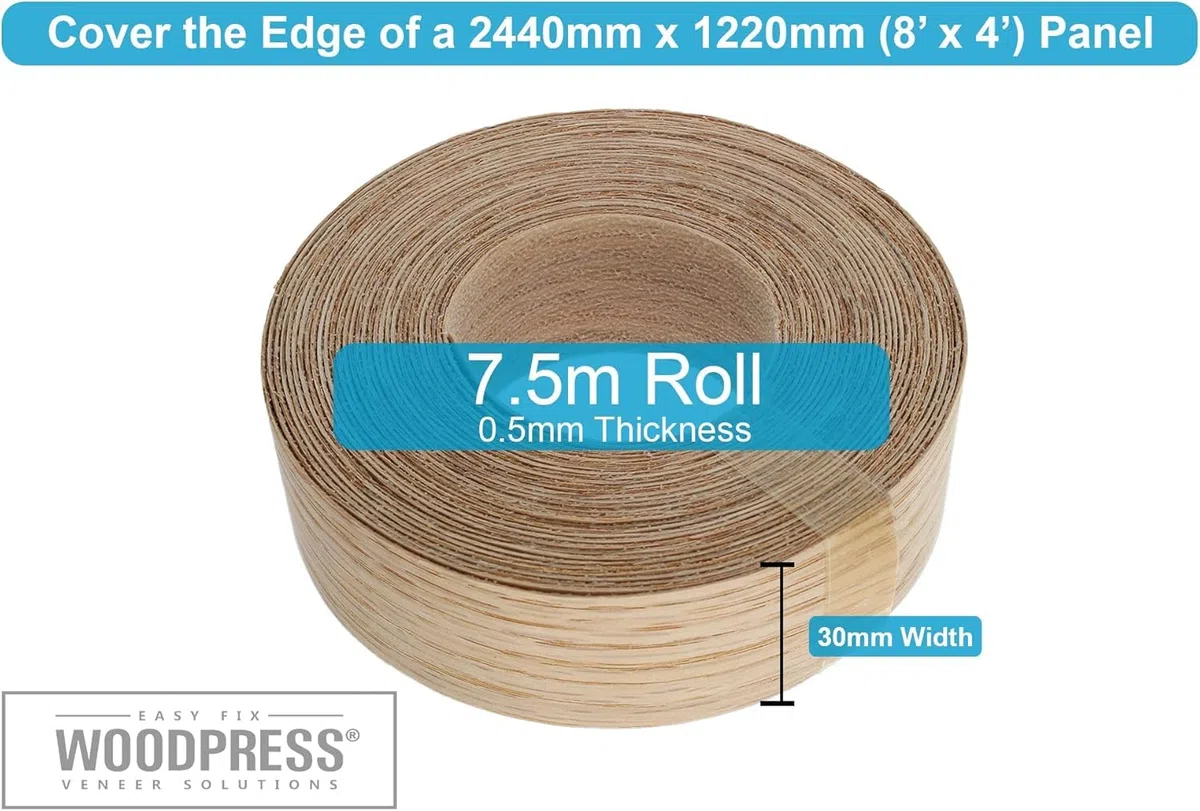 Bordi termoadesivi 30 mm in vera quercia rossa – Rotolo da 7,5 m – Nastro per impiallacciatura in legno pre-incollato per una facile applicazione fai-da-te