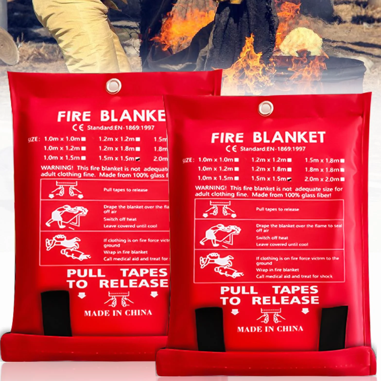GAOUTO 2 Pezzi Coperta Antincendio 150 * 150 cm, Coperta Antifuoco Riutilizzabile in Tessuto di Fibra di Vetro, Design Sicuro Coperta per Cucina, Camino, Barbecue, Auto, Campeggio, Casa, Caravan