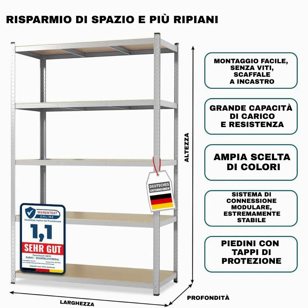 KARAT Scaffalatura per carichi pesanti, 30 x 75 x 150 cm, scaffalatura cantina, scaffalatura in metallo – 5 ripiani regolabili (zincati)