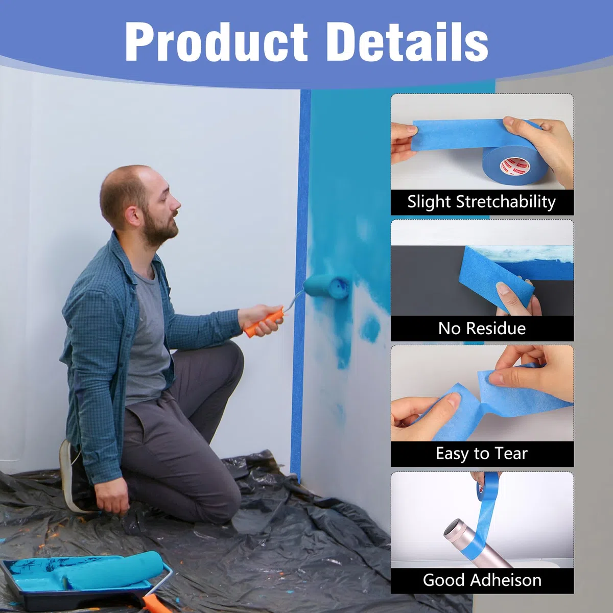 6 rotoli di nastro adesivo blu, 48 mm x 50 m, nastro coprente per mascheratura, facile rimozione, carta crespa per pittura e decorazione, interni ed esterni