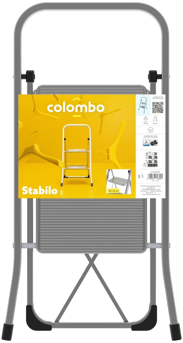 Colombo Scaletta 2 Gradini in Acciaio STABILO – Pieghevole, Compatta e Leggera, Gradini Larghi Antiscivolo 30x20 cm, Stabile e Sicura per Casa e Cucina
