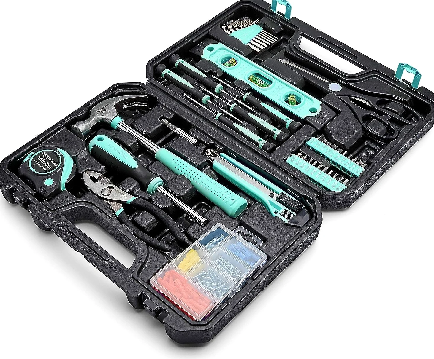 Amazon Basics - Kit di attrezzi per la casa con custodia, 142 pezzi, turchese, 34 x 23,5 x 7,5 cm
