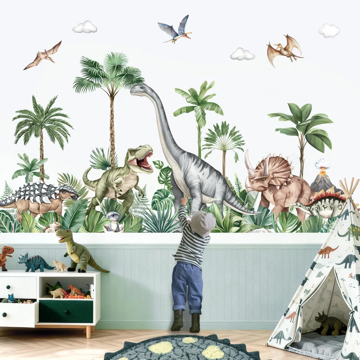 decalmile Adesivi Murali Dinosauro Grande Adesivi da Parete Dino Tropicali Palme Piante Decorazione Murale Asilo Nido Camerette Bambini Camera da Letto