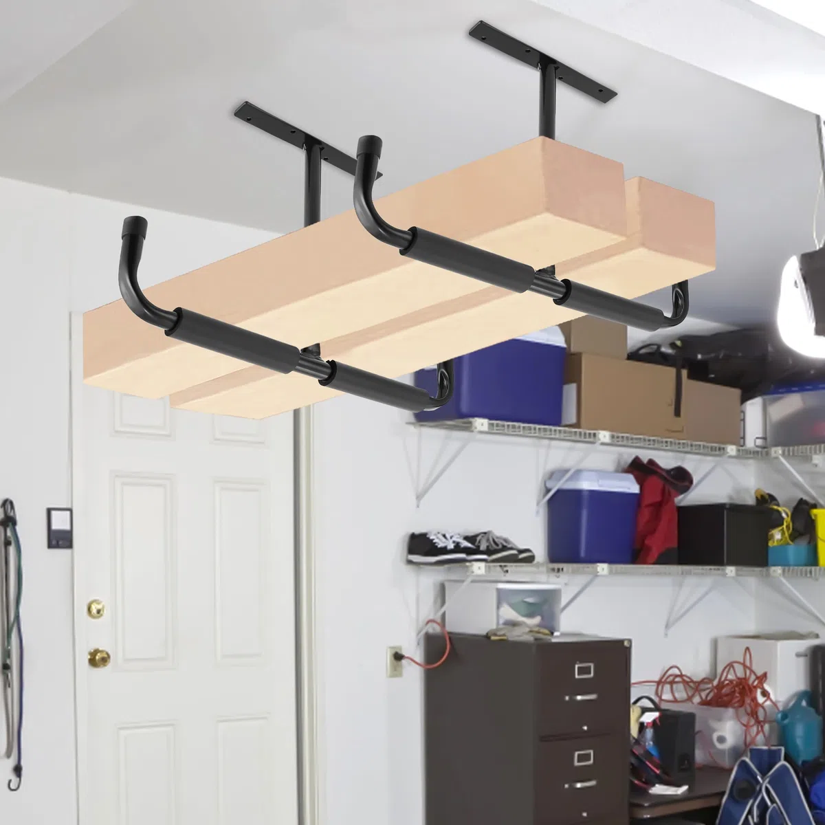 Sinoer Metal Garage Ganci di stoccaggio a soffitto, ganci montati a parete, ganci utilitari resistenti per scala, bici, legno, strumenti e altri oggetti sfusi (4 Pack, nero)