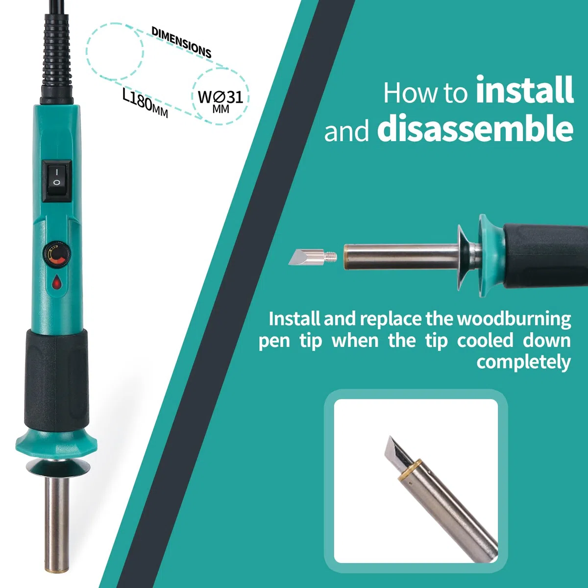 YIHUA 930-IV Kit Pirografo Per Legno Pirografia Temperatura Regolabile con 26 Pezzi punta a filamento 2 Quadrati di Legno(EU PLUG)