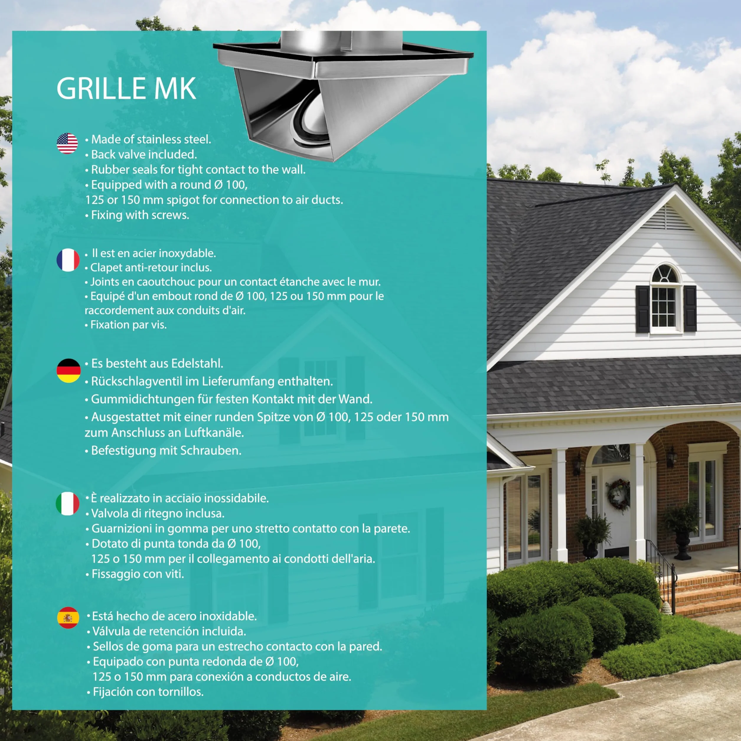 Griglia di Ventilazione in Acciaio Inossidabile 125 mm - Resistente alle Intemperie con Valvola di Non Ritorno - Perfetta per Asciugatrice, Cappe, Ventilazioni, Condotti di Scarico