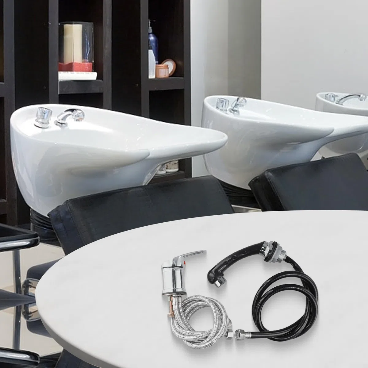 Rubinetto miscelatore per lavabo da parrucchiere cromato con comando a leva singola con doccetta estensibile 120 cm tubo flessibile per shampoo ciotola