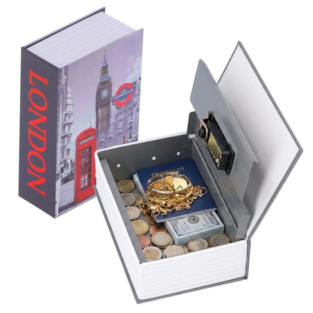 Libro Cassaforte con Combinazione, 18 x 12 x 5,5 cm Orologio di Londra Libri Cassetta Segreto armadietto di Sicurezza Scrigno Portavalori per Money Gioielli in Contanti