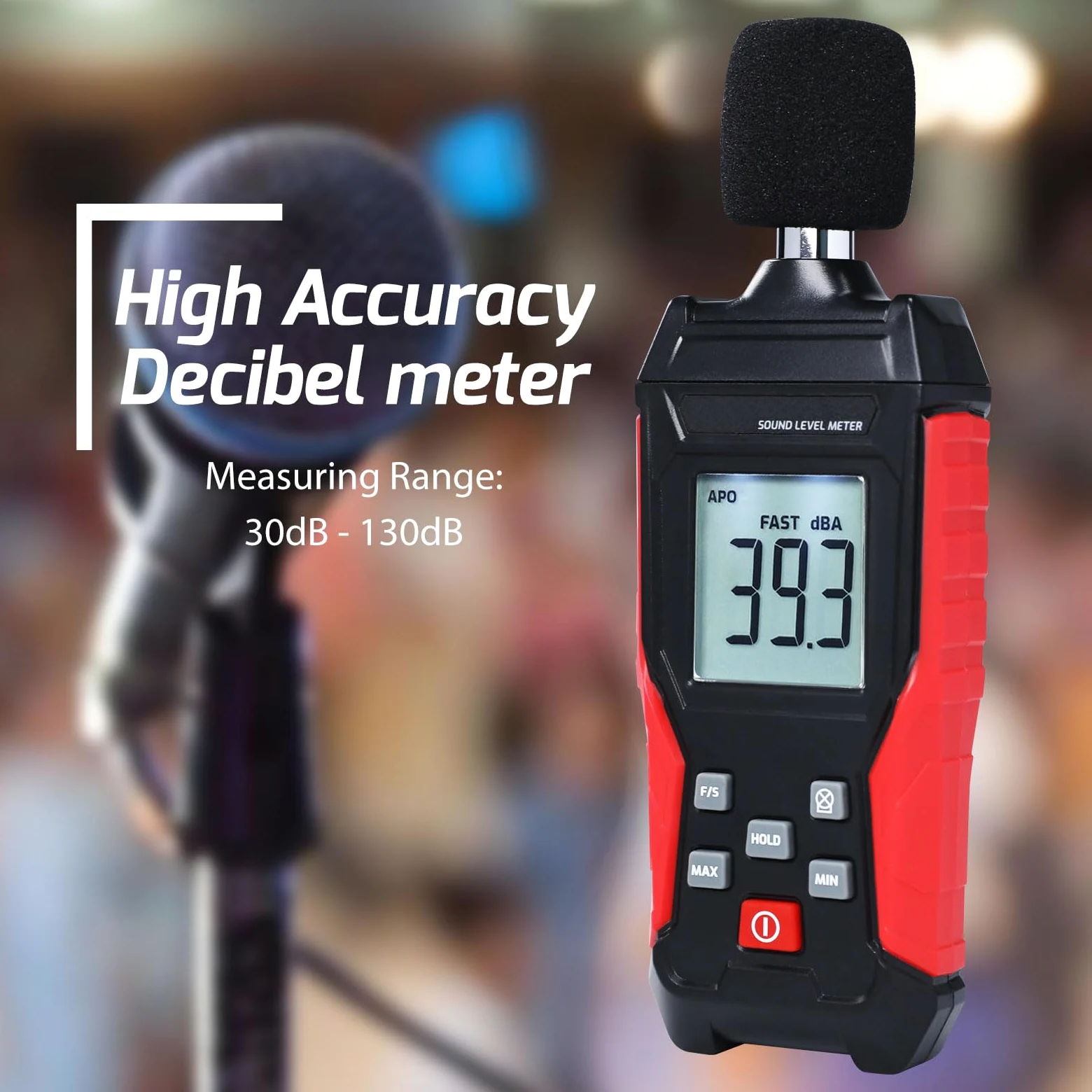 Fonometro Professionale Portatile Decibelometro da 30-130dB Dispositivo di Misura del Rumore Digitale con MAX/MIN, Display Retroilluminato LCD Rilevatore di Suoni per Casa, Ufficio, Scuola
