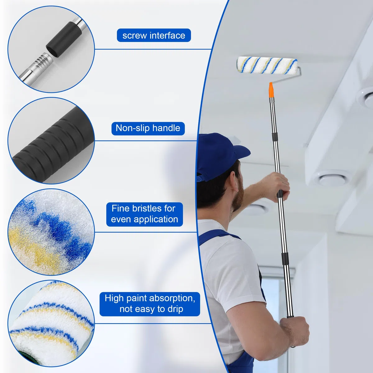 JIZZU Asta Telescopica per Rullo di Vernice, Rullo per Pittura, con 5 Asta Telescopica, Rullo Pittura 2m, Rulli per Pittura, per la Tinteggiatura e la Decorazione di Pareti e Soffitti delle Abitazioni